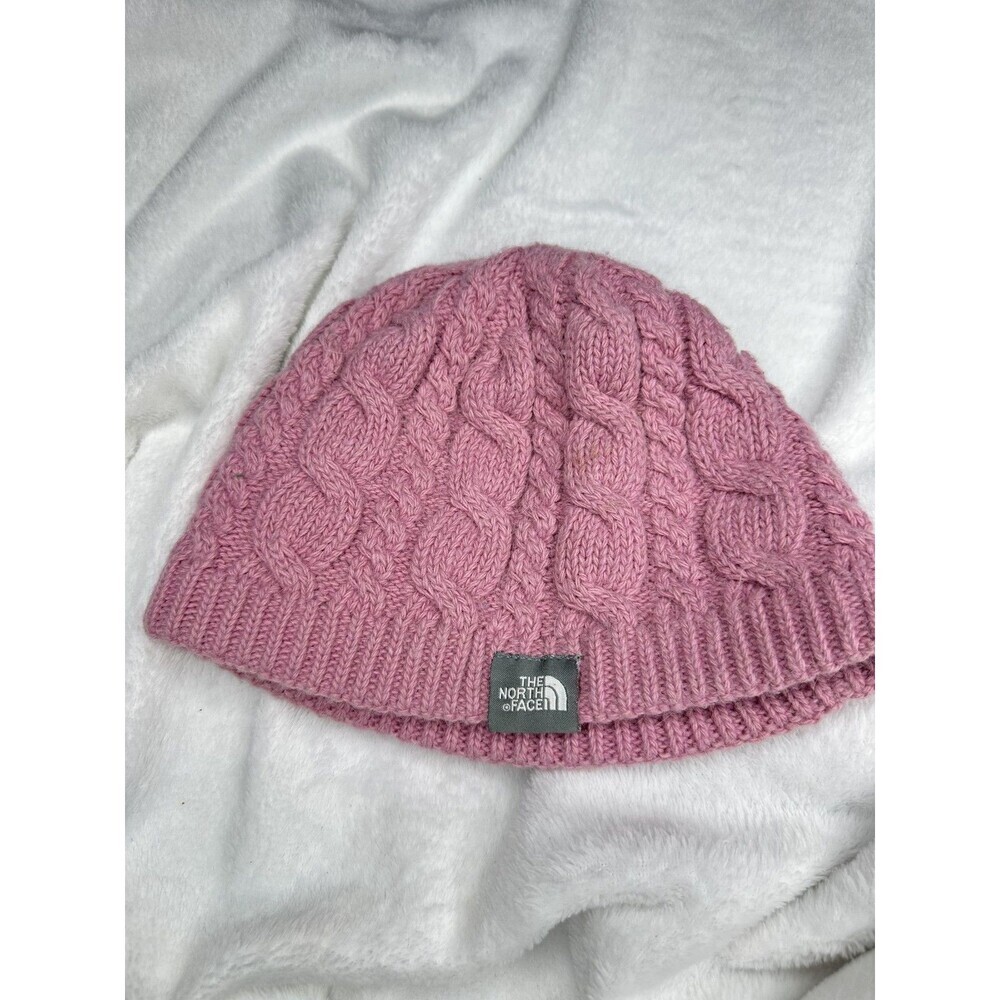 The North Face Hat Beanie OS Pink Cable Knit Fleece Lined Womens One Size Wool
